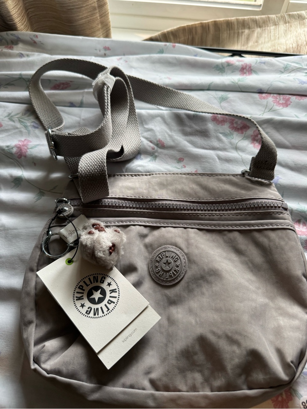 Kipling Light Grey Crossbody Bag with Monkey Charm